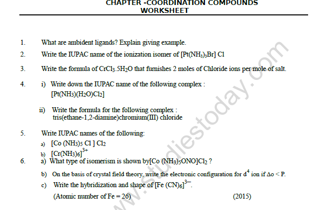 CBSE Class 12 Chemistry Coordination Compounds Worksheet Set D
